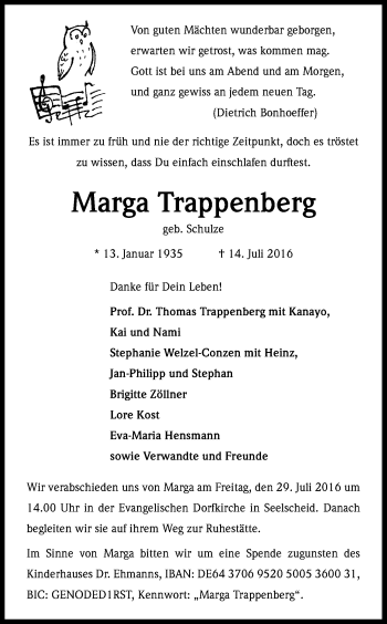 Anzeige von Marga Trappenberg von Kölner Stadt-Anzeiger / Kölnische Rundschau / Express