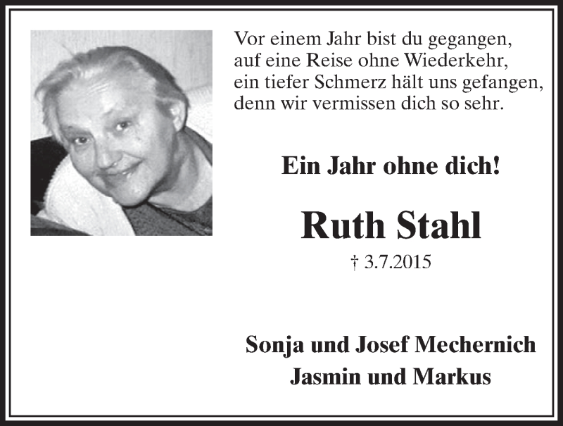  Traueranzeige für Ruth Stahl vom 06.07.2016 aus  Schlossbote/Werbekurier 
