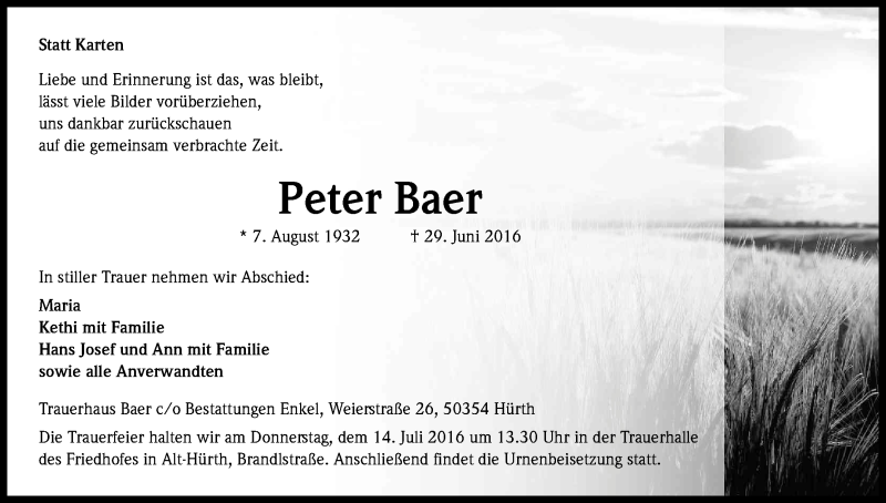  Traueranzeige für Peter Baer vom 09.07.2016 aus Kölner Stadt-Anzeiger / Kölnische Rundschau / Express