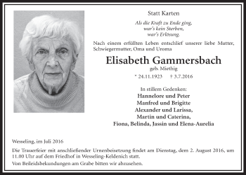 Anzeige von Elisabeth Gammersbach von  Schlossbote/Werbekurier 