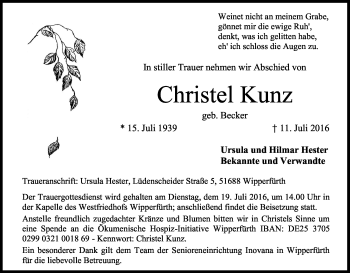 Anzeige von Christel Kunz von Kölner Stadt-Anzeiger / Kölnische Rundschau / Express
