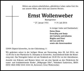 Anzeige von Ernst Wollenweber von Kölner Stadt-Anzeiger / Kölnische Rundschau / Express