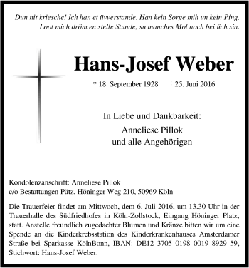 Anzeige von Hans-Josef Weber von Kölner Stadt-Anzeiger / Kölnische Rundschau / Express