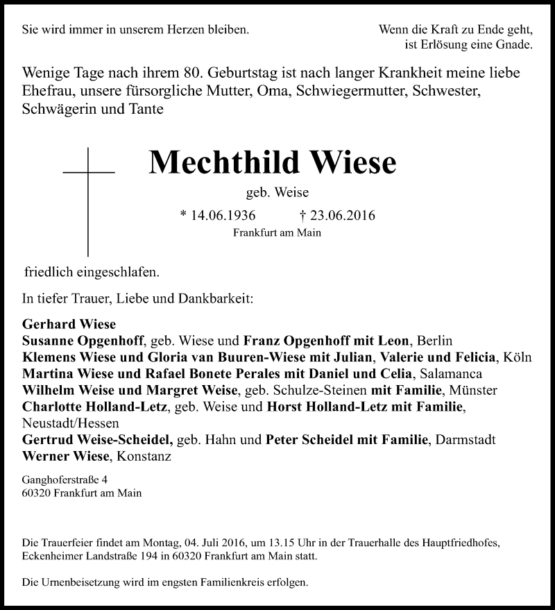  Traueranzeige für Mechthild Wiese vom 02.07.2016 aus Kölner Stadt-Anzeiger / Kölnische Rundschau / Express