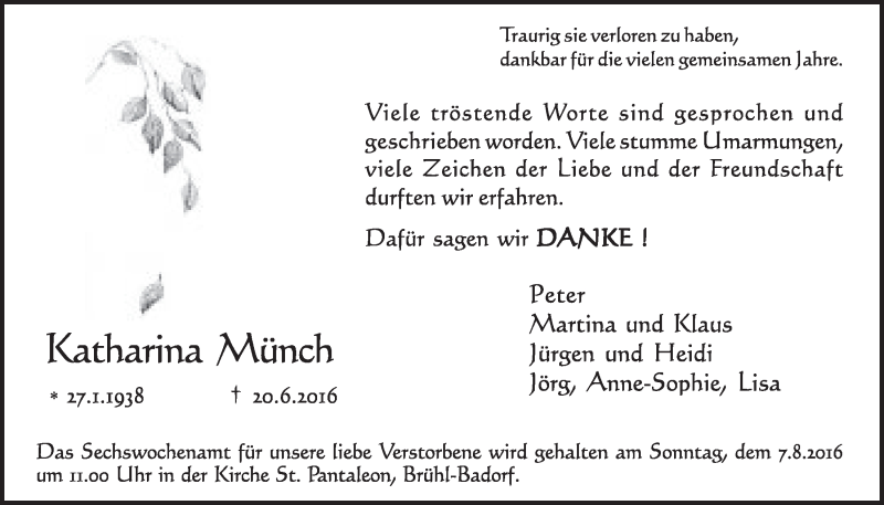  Traueranzeige für Katharina Münch vom 20.07.2016 aus  Schlossbote/Werbekurier 