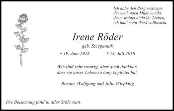 Anzeige von Irene Röder von Kölner Stadt-Anzeiger / Kölnische Rundschau / Express