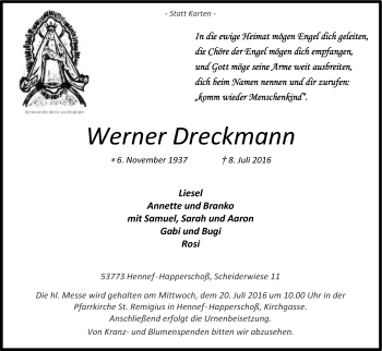 Anzeige von Werner Dreckmann von Kölner Stadt-Anzeiger / Kölnische Rundschau / Express