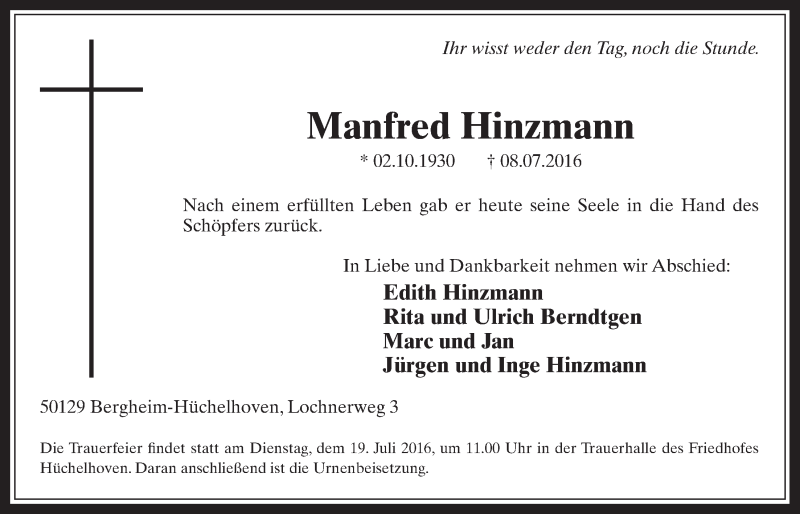  Traueranzeige für Manfred Hinzmann vom 16.07.2016 aus  Sonntags-Post 