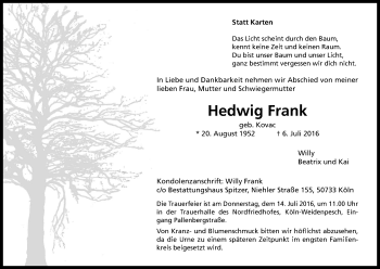 Anzeige von Hedwig Frank von Kölner Stadt-Anzeiger / Kölnische Rundschau / Express