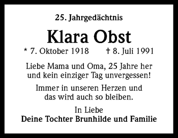 Anzeige von Klara Obst von Kölner Stadt-Anzeiger / Kölnische Rundschau / Express