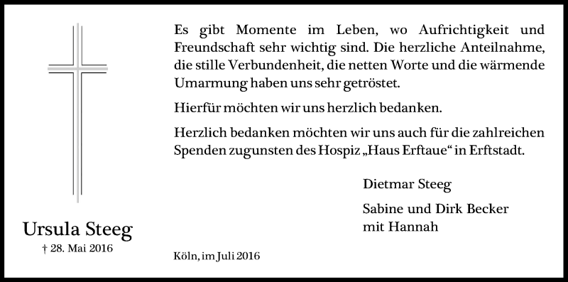  Traueranzeige für Ursula Steeg vom 02.07.2016 aus Kölner Stadt-Anzeiger / Kölnische Rundschau / Express