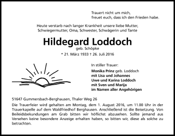 Anzeige von Hildegard Loddoch von Kölner Stadt-Anzeiger / Kölnische Rundschau / Express