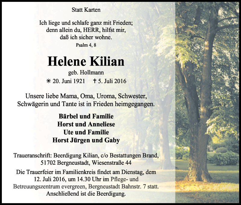  Traueranzeige für Helene Kilian vom 09.07.2016 aus Kölner Stadt-Anzeiger / Kölnische Rundschau / Express