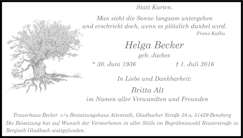  Traueranzeige für Helga Becker vom 23.07.2016 aus Kölner Stadt-Anzeiger / Kölnische Rundschau / Express