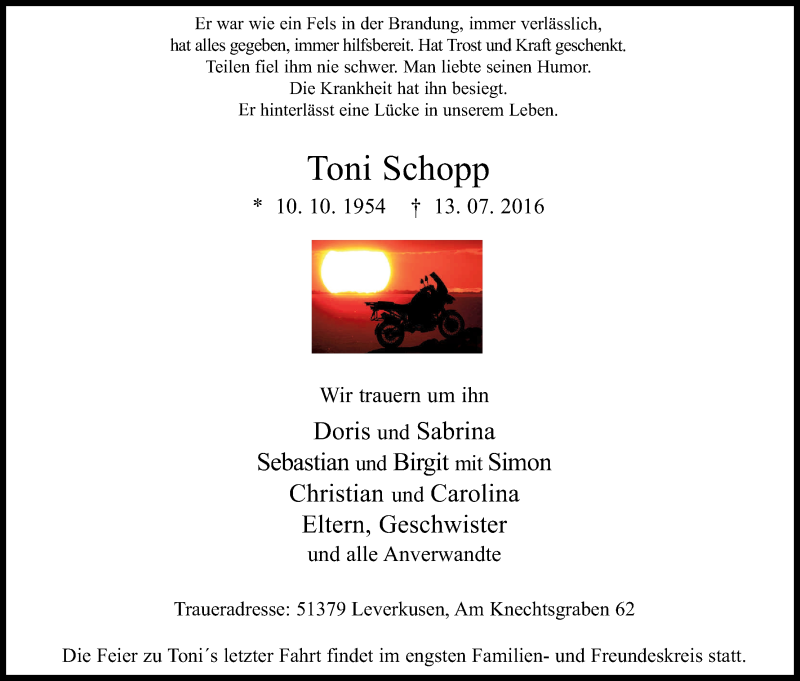  Traueranzeige für Toni Schopp vom 23.07.2016 aus Kölner Stadt-Anzeiger / Kölnische Rundschau / Express
