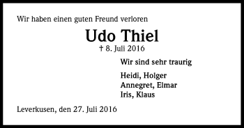 Anzeige von Udo Thiel von Kölner Stadt-Anzeiger / Kölnische Rundschau / Express