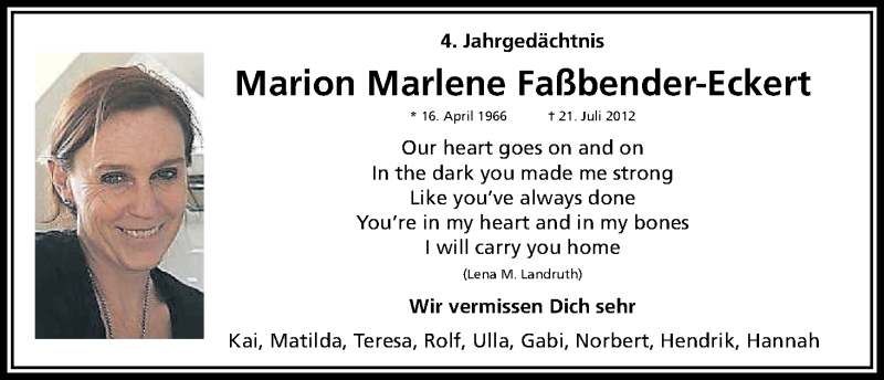  Traueranzeige für Marion Marlene Faßbender-Eckert vom 21.07.2016 aus Kölner Stadt-Anzeiger / Kölnische Rundschau / Express
