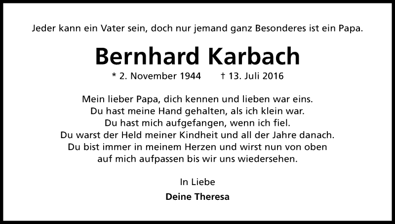  Traueranzeige für Bernhard Karbach vom 23.07.2016 aus Kölner Stadt-Anzeiger / Kölnische Rundschau / Express
