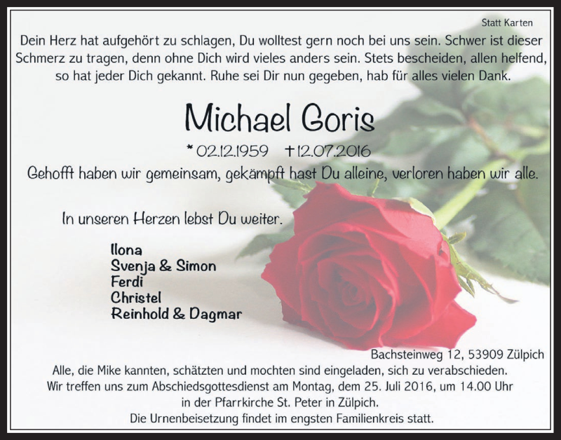  Traueranzeige für Michael Goris vom 20.07.2016 aus  Werbepost 