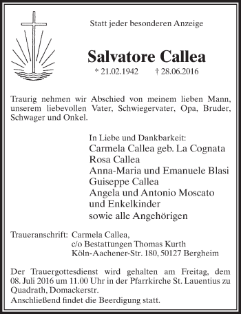 Anzeige von Salvatore Callea von  Sonntags-Post 