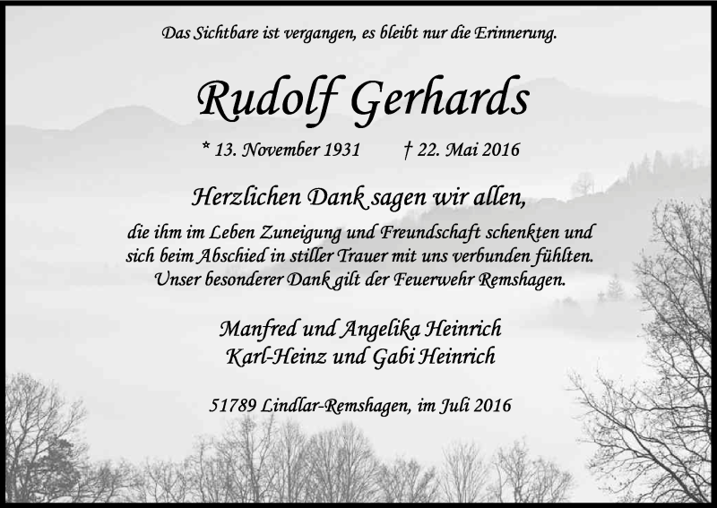  Traueranzeige für Rudolf Gerhards vom 09.07.2016 aus Kölner Stadt-Anzeiger / Kölnische Rundschau / Express