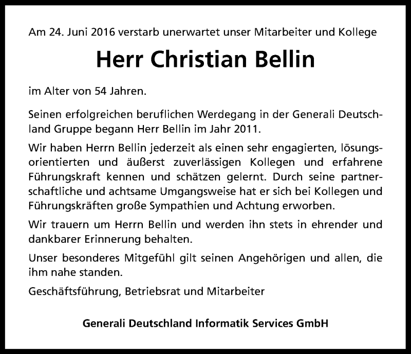  Traueranzeige für Christian Bellin vom 02.07.2016 aus Kölner Stadt-Anzeiger / Kölnische Rundschau / Express