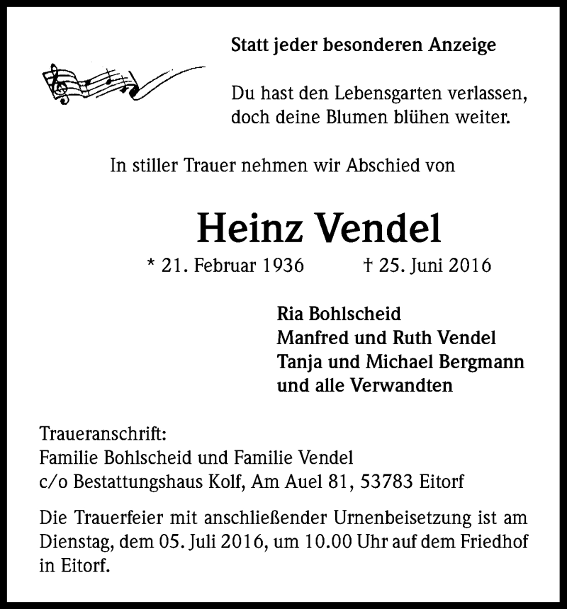  Traueranzeige für Heinz Vendel vom 02.07.2016 aus Kölner Stadt-Anzeiger / Kölnische Rundschau / Express