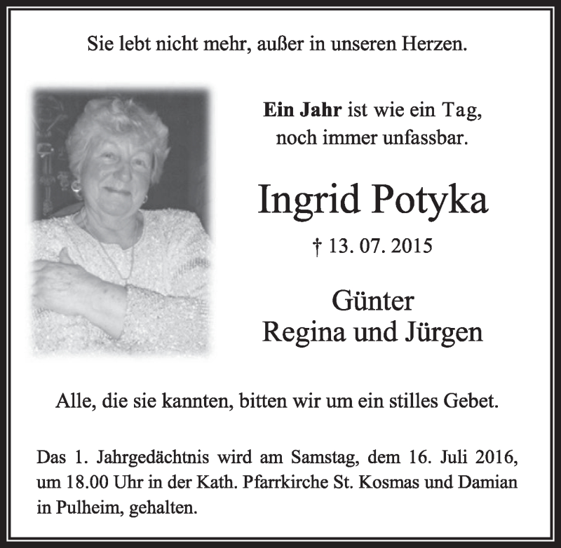  Traueranzeige für Ingrid Potyka vom 09.07.2016 aus  Sonntags-Post 