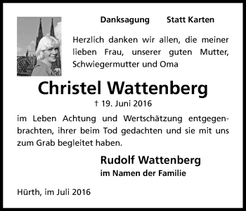 Anzeige von Christel Wattenberg von Kölner Stadt-Anzeiger / Kölnische Rundschau / Express