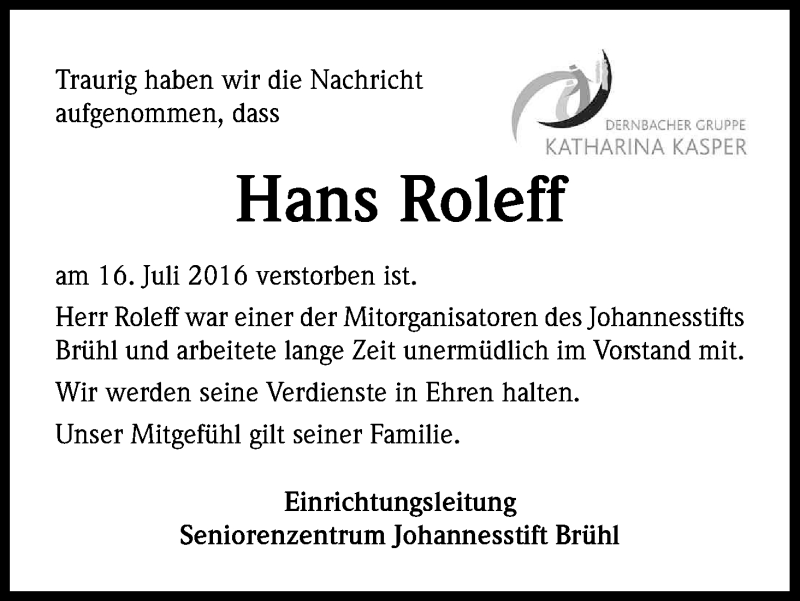  Traueranzeige für Hans Roleff vom 30.07.2016 aus Kölner Stadt-Anzeiger / Kölnische Rundschau / Express