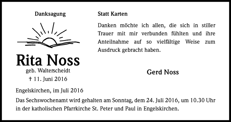  Traueranzeige für Rita Noss vom 16.07.2016 aus Kölner Stadt-Anzeiger / Kölnische Rundschau / Express