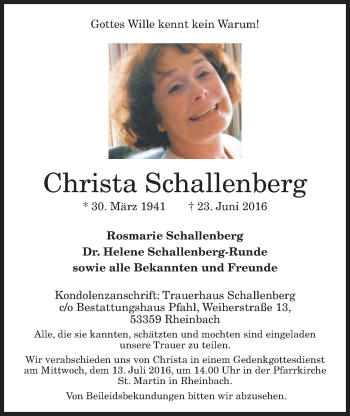 Anzeige von Christa Schallenberg von  Schaufenster/Blickpunkt 