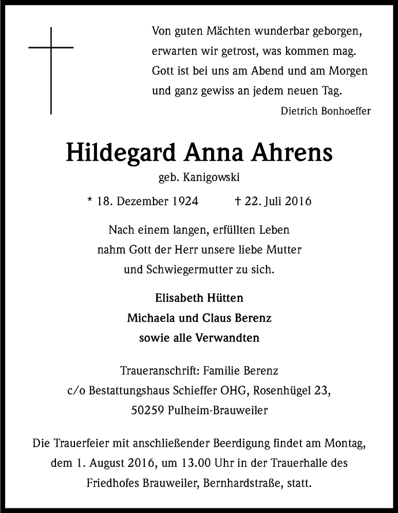  Traueranzeige für Hildegard Anna Ahrens vom 27.07.2016 aus Kölner Stadt-Anzeiger / Kölnische Rundschau / Express