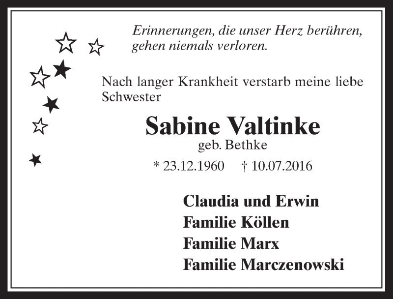  Traueranzeige für Sabine Valtinke vom 20.07.2016 aus  Wochenende 