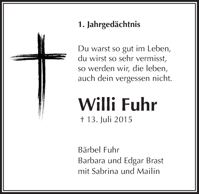  Traueranzeige für Willi Fuhr vom 13.07.2016 aus  Lokalanzeiger 