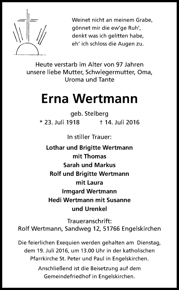  Traueranzeige für Erna Wertmann vom 16.07.2016 aus Kölner Stadt-Anzeiger / Kölnische Rundschau / Express