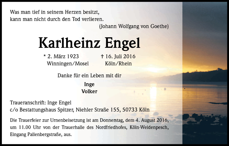  Traueranzeige für Karlheinz Engel vom 30.07.2016 aus Kölner Stadt-Anzeiger / Kölnische Rundschau / Express