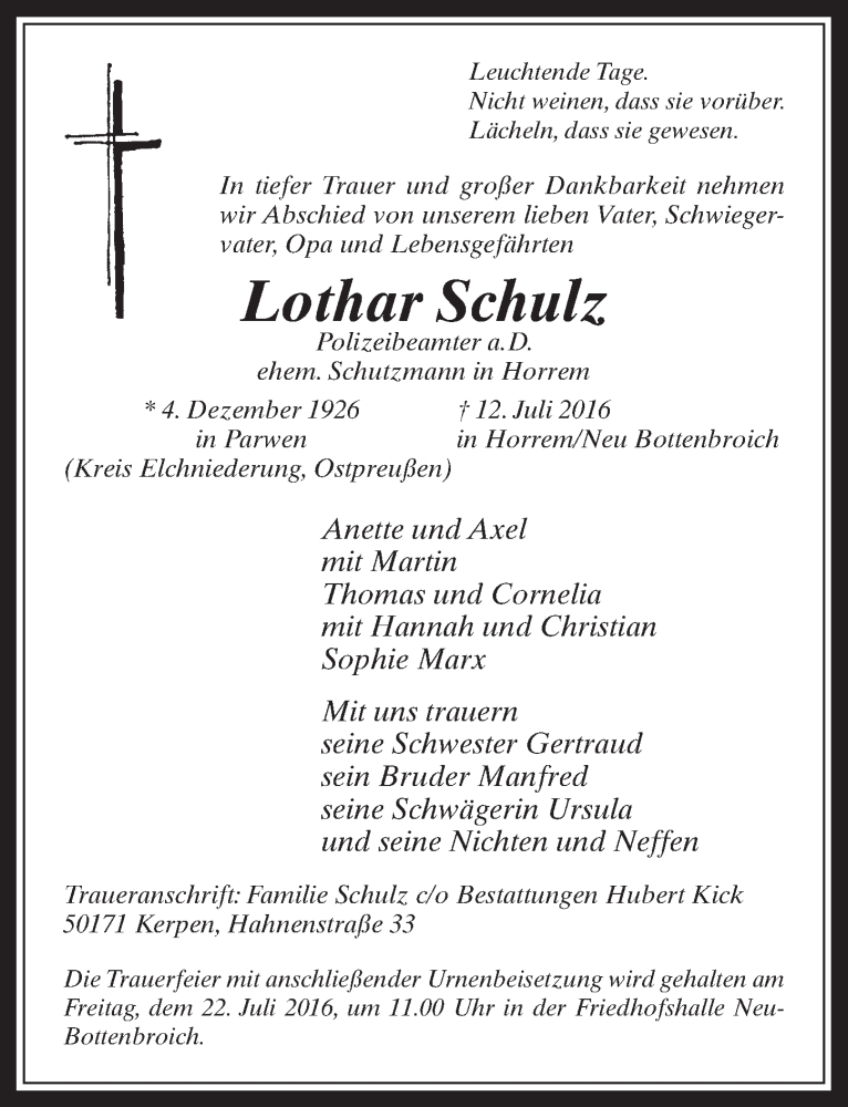  Traueranzeige für Lothar Schulz vom 20.07.2016 aus  Werbepost 