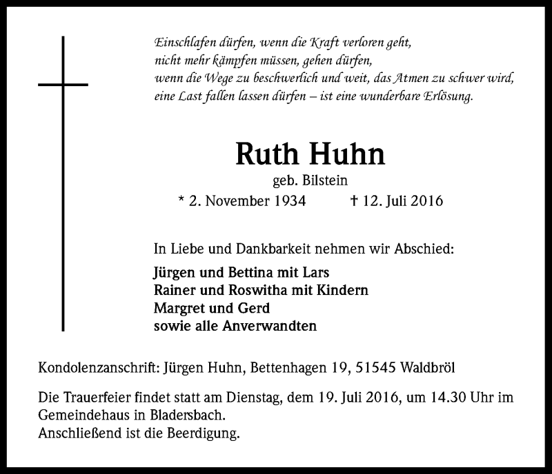  Traueranzeige für Ruth Hahn vom 16.07.2016 aus Köln - Wir Trauern