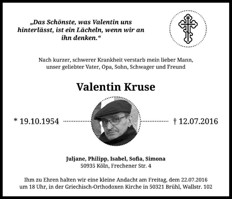 Traueranzeige für Valentin Kruse vom 20.07.2016 aus Kölner Stadt-Anzeiger / Kölnische Rundschau / Express
