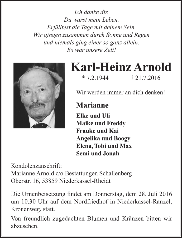  Traueranzeige für Karl-Heinz Arnold vom 27.07.2016 aus  Extra Blatt 