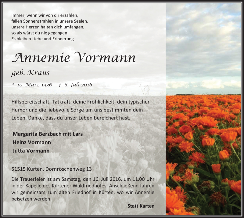  Traueranzeige für Annemie Vormann vom 13.07.2016 aus  Bergisches Handelsblatt 