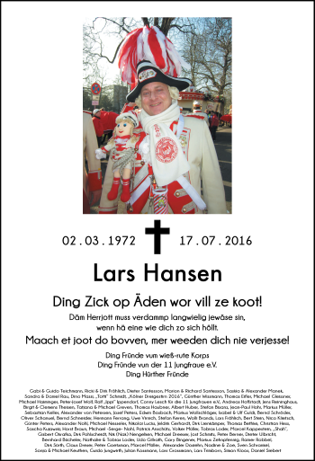Anzeige von Lars Hansen von Kölner Stadt-Anzeiger / Kölnische Rundschau / Express