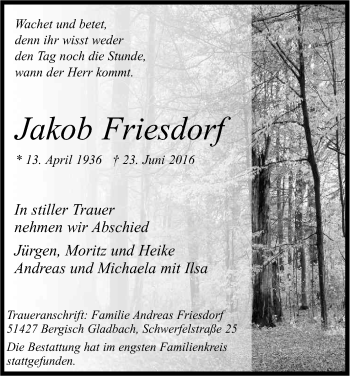 Anzeige von Jakob Friesdorf von Kölner Stadt-Anzeiger / Kölnische Rundschau / Express