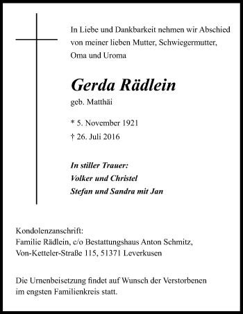 Anzeige von Gerda Rädlein von Kölner Stadt-Anzeiger / Kölnische Rundschau / Express