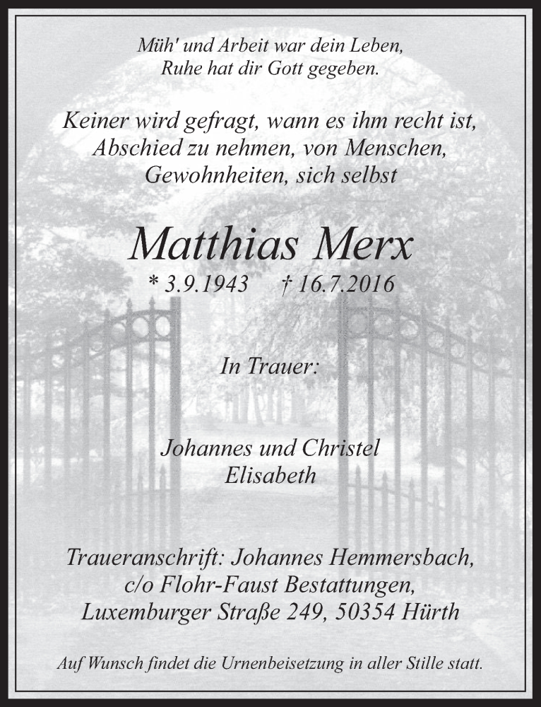  Traueranzeige für Matthias Merx vom 27.07.2016 aus  Wochenende 