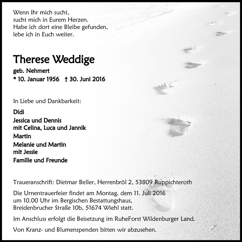  Traueranzeige für Therese Weddige vom 06.07.2016 aus  Anzeigen Echo 