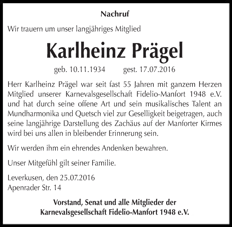  Traueranzeige für Karlheinz Prägel vom 30.07.2016 aus  Leverkusener Wochenende 