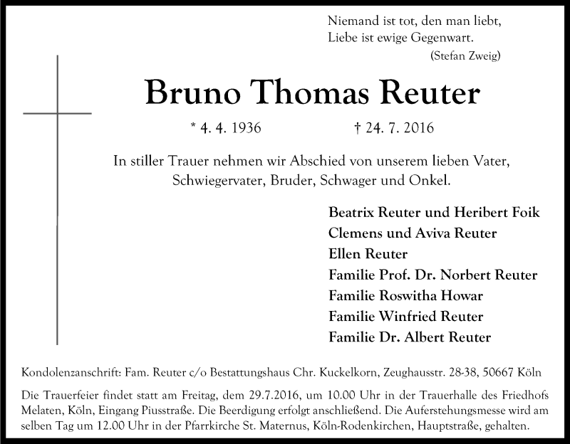  Traueranzeige für Bruno Thomas Reuter vom 27.07.2016 aus Kölner Stadt-Anzeiger / Kölnische Rundschau / Express