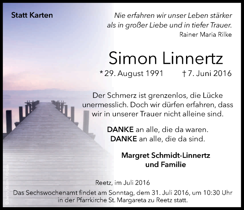 Traueranzeige für Simon Linnertz vom 30.07.2016 aus Kölner Stadt-Anzeiger / Kölnische Rundschau / Express